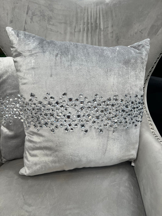 Silver Velvet Diamante Cushion