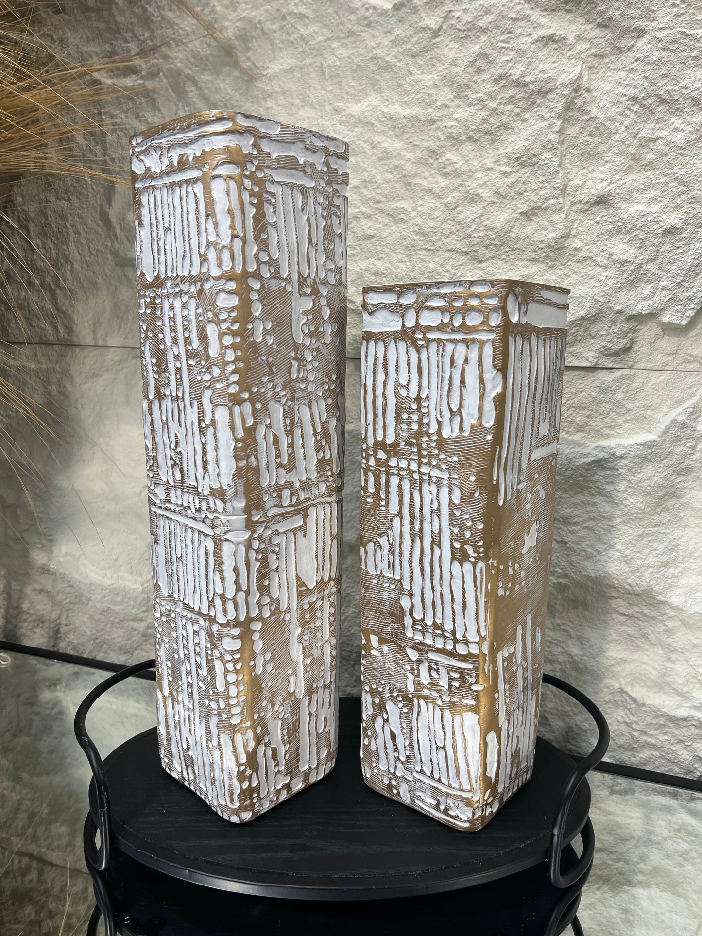 White and Gold Patterned Polyresin Vases