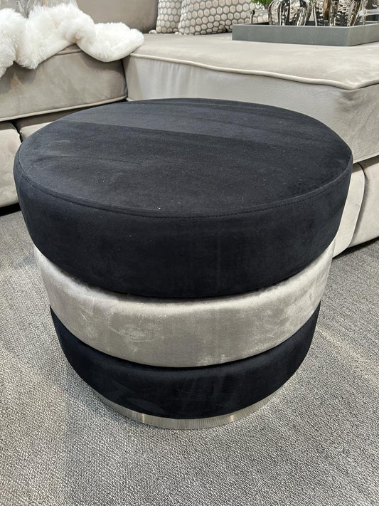 Black & Grey Round Ottoman with Chrome Base