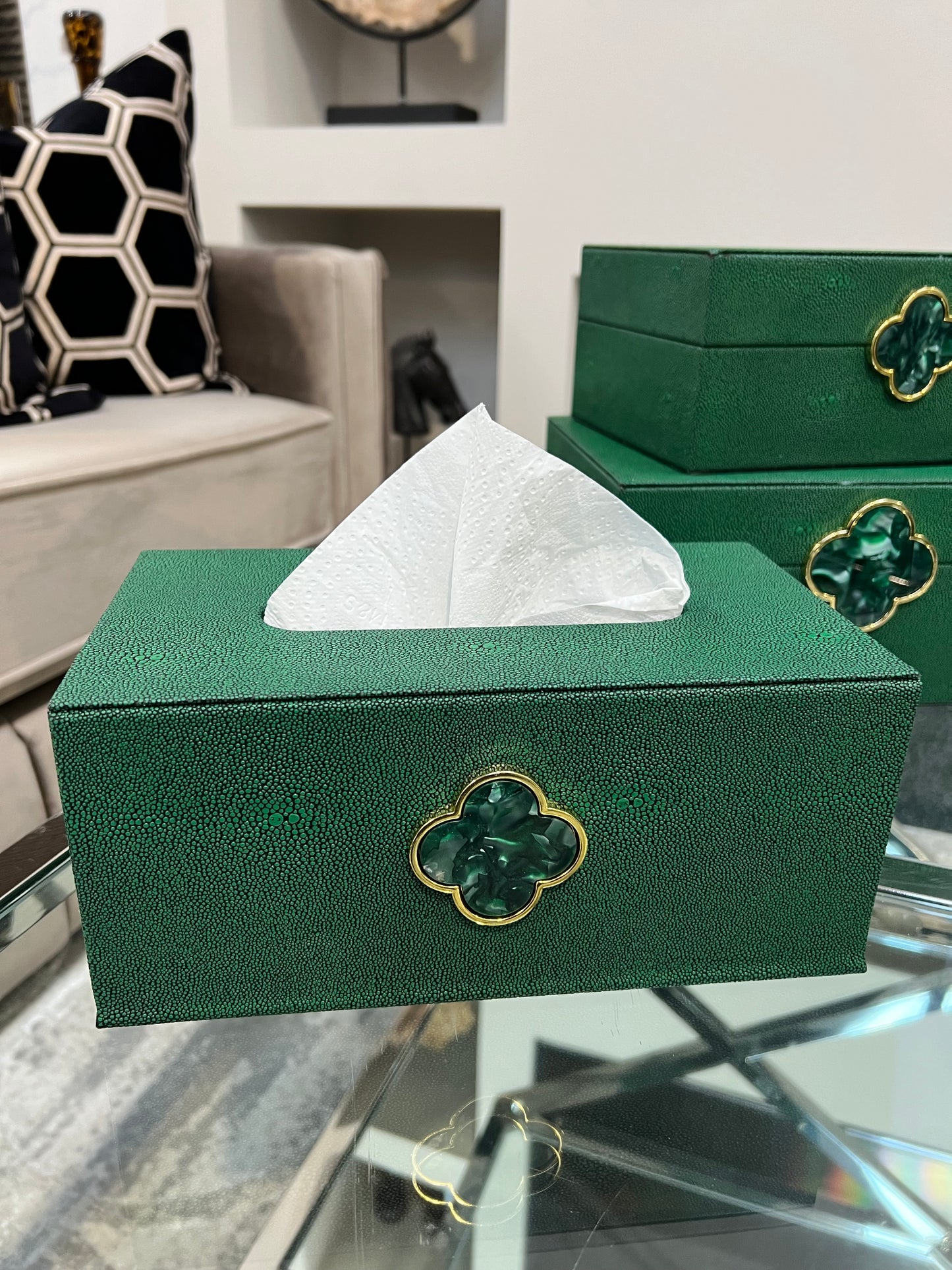 Green Faux Leather Tissue Box holder with Gold detailing.