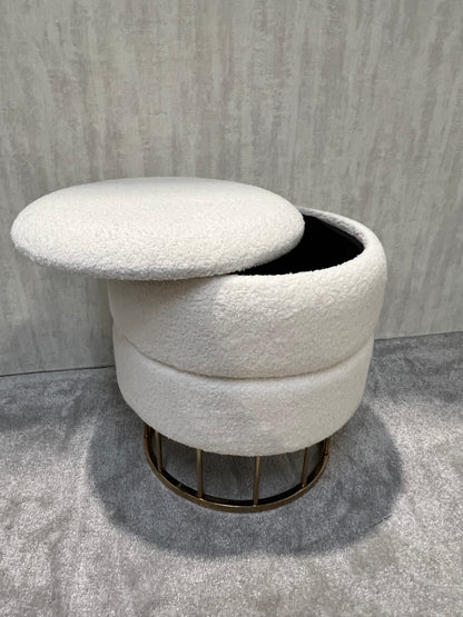 Boucle Fabric Storage Stool In Round In White