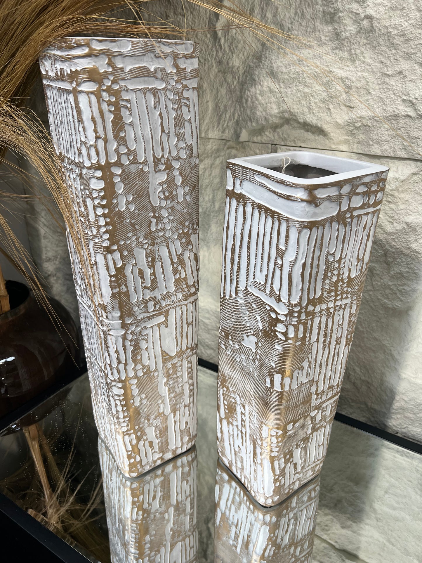 White and Gold Patterned Polyresin Vases