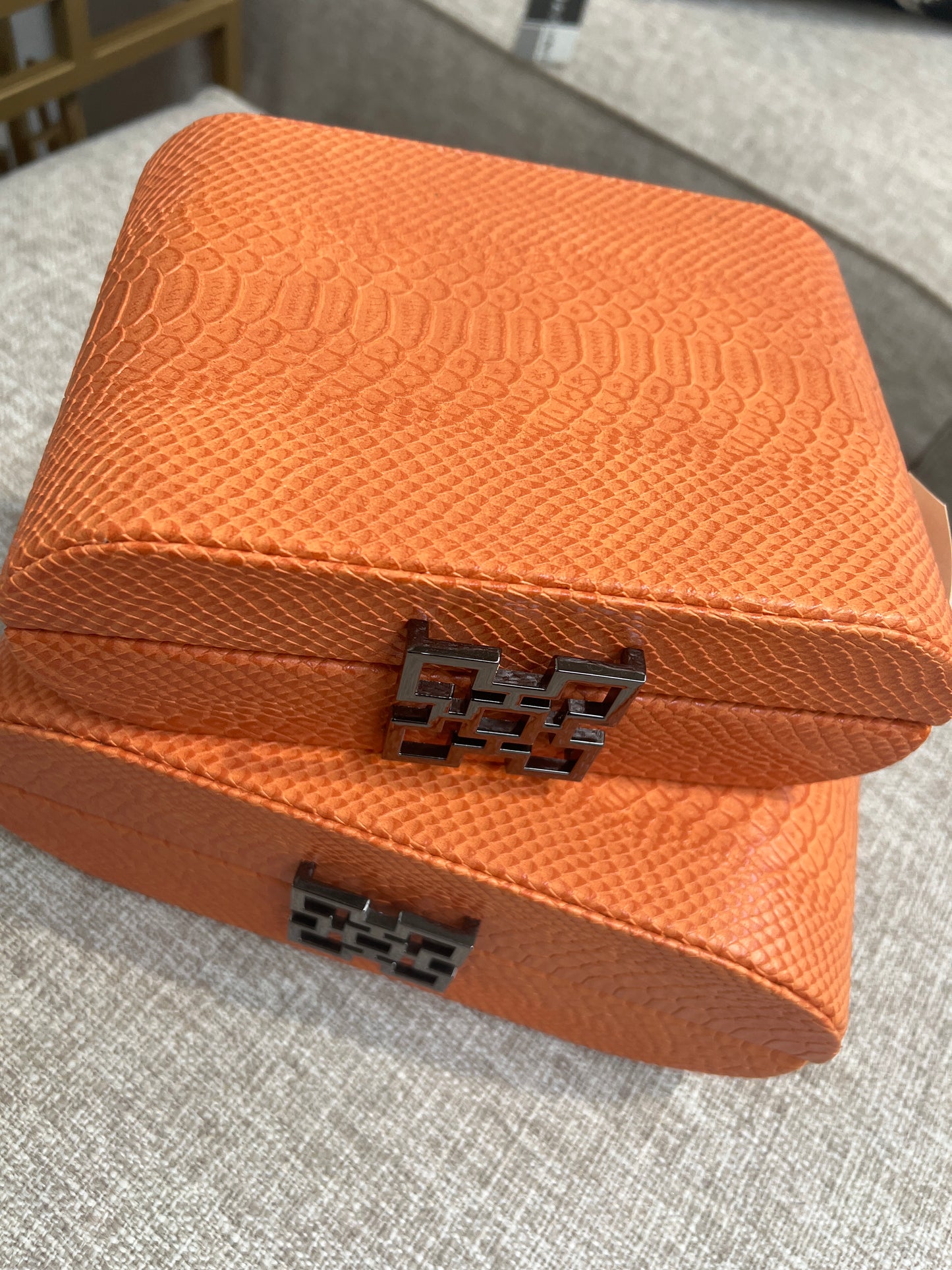 Set of 2 Orange Faux Leather Jewellery Boxes with Gunmetal Handle