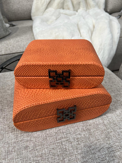 Set of 2 Orange Faux Leather Jewellery Boxes with Gunmetal Handle