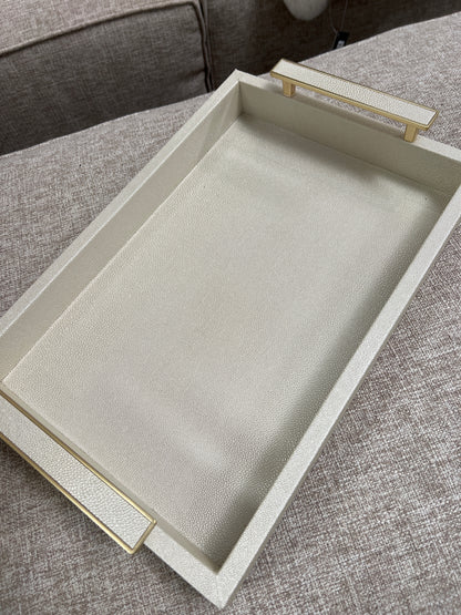 White Faux Litchi with Gold Handle Tray