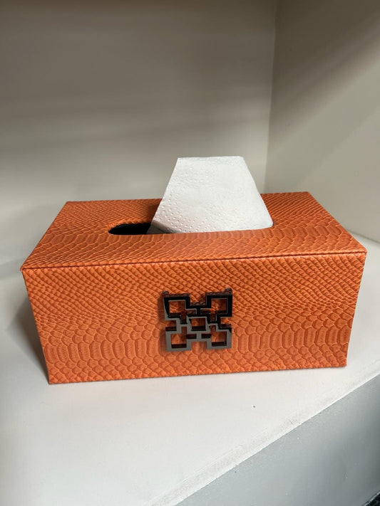 Orange Faux Leather Tissue Box Holder with Gunmetal Handle