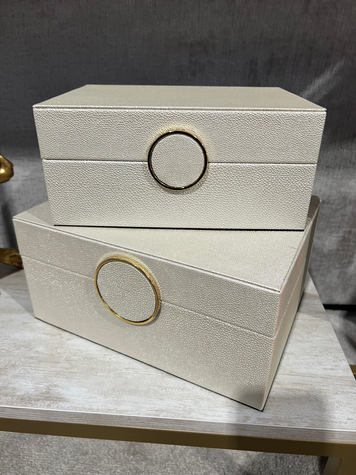 White Faux Litchi with Gold Ring Handle Tissue Box Holder