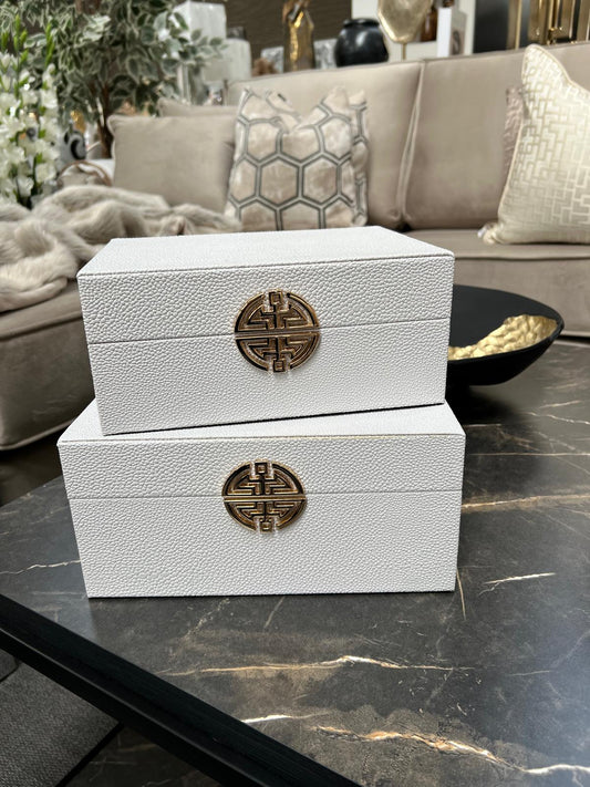 White & Gold Faux Leather Jewellery Boxes, Set of 2