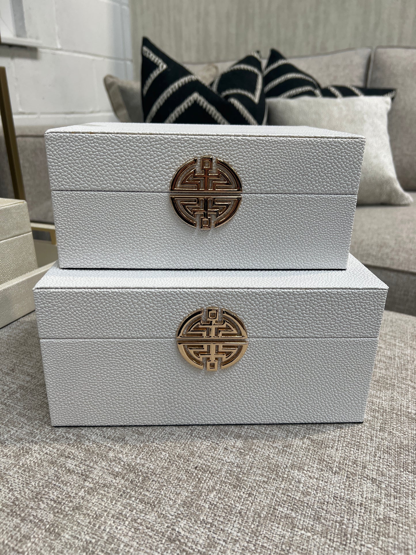 White & Gold Faux Leather Jewellery Boxes, Set of 2