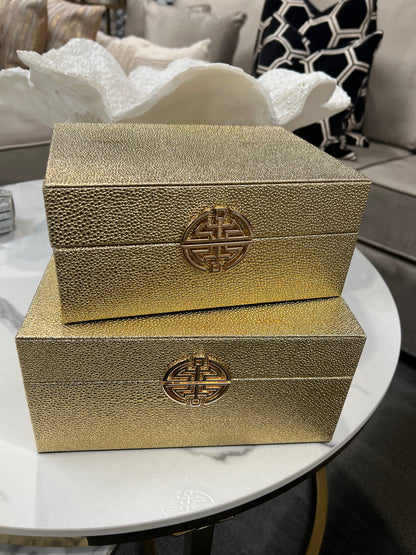 Gold Faux Litchi Leather Boxes, Set of 2