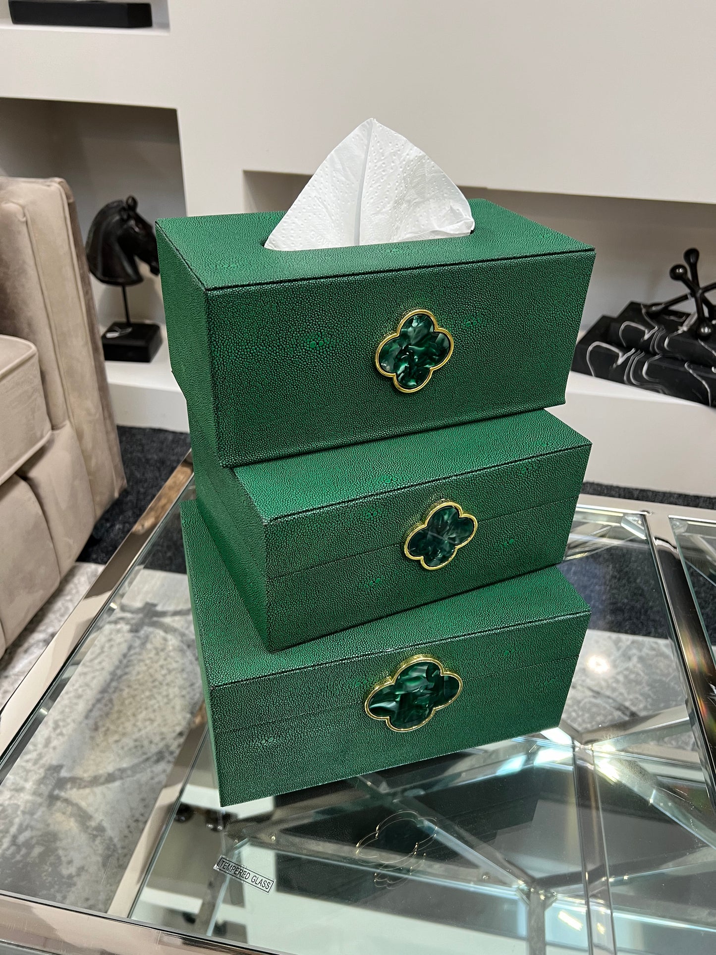 Green Faux Leather Tissue Box holder with Gold detailing.