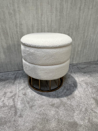 Boucle Fabric Storage Stool In Round In White