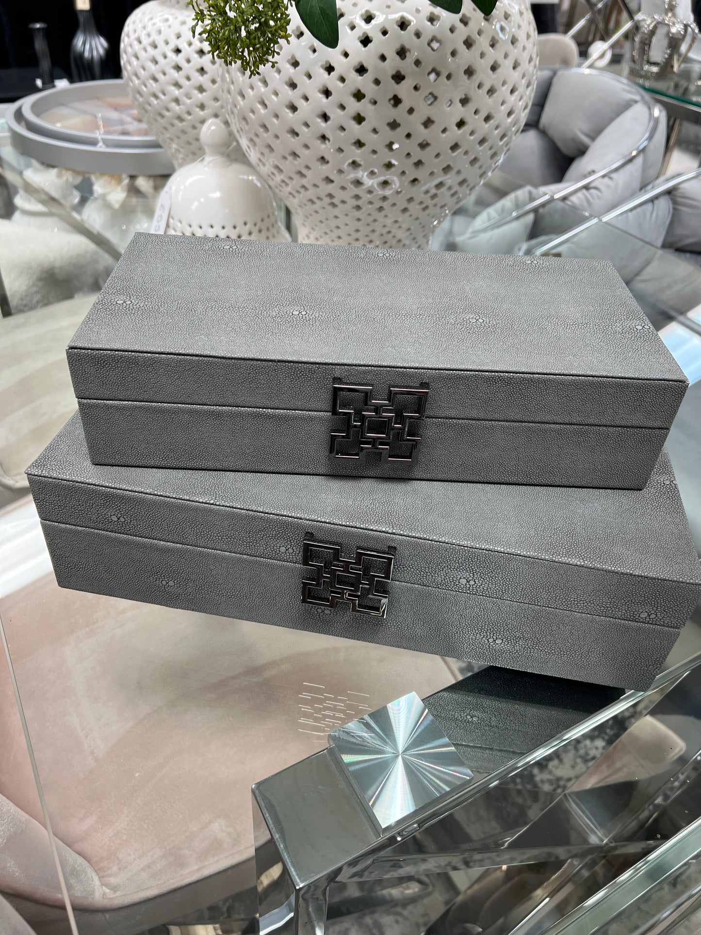 Grey Faux Litchi Leather Jewellery Boxes, Set of 2