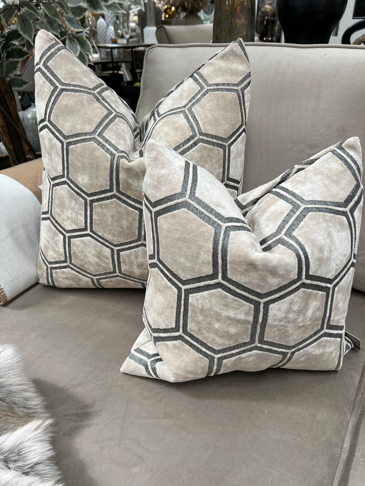 Cream Ivor Hexagon Velvet Cushion 16"