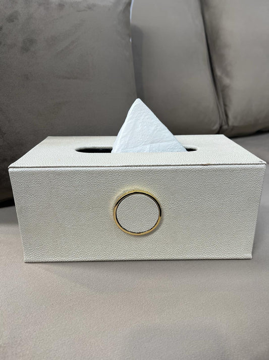 White Faux Litchi with Gold Ring Handle Tissue Box Holder