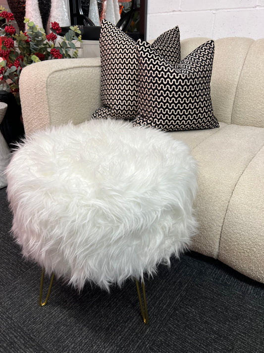 White Faux Fur Stool Ottoman with Gold Legs