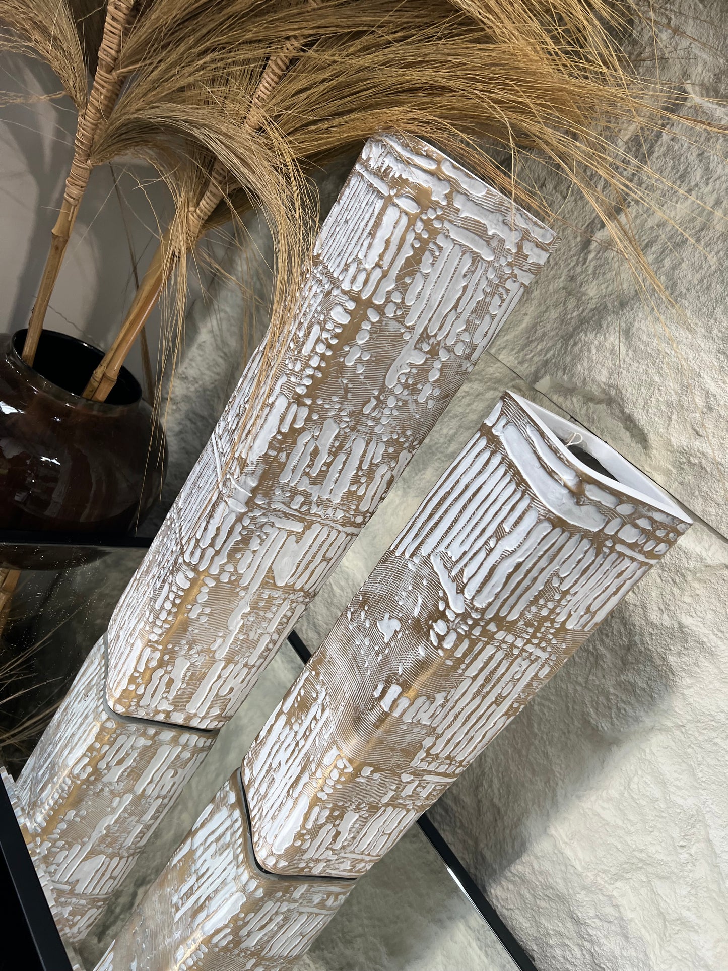 White and Gold Patterned Polyresin Vases