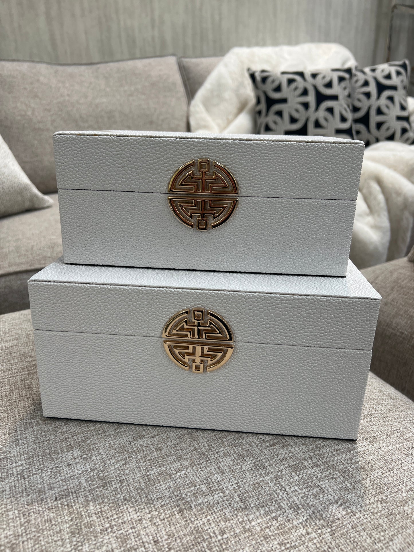 White & Gold Faux Leather Jewellery Boxes, Set of 2