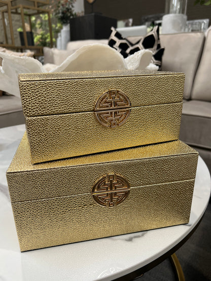 Gold Faux Litchi Leather Boxes, Set of 2