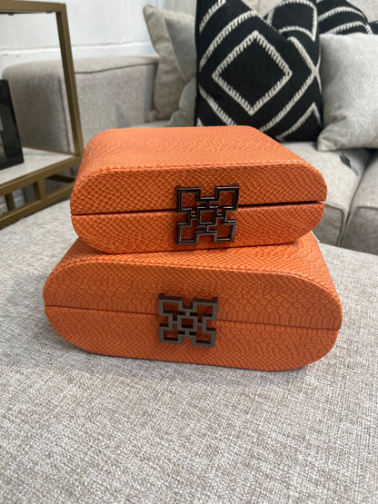 Set of 2 Orange Faux Leather Jewellery Boxes with Gunmetal Handle