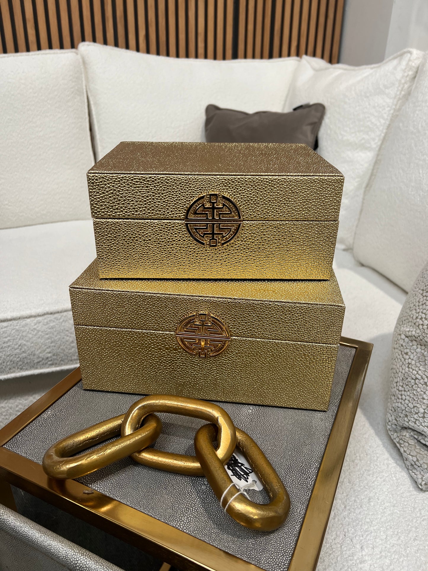 Gold Faux Litchi Leather Boxes, Set of 2