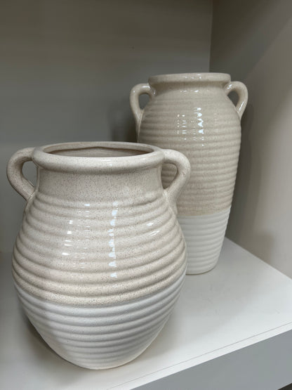 Orla Handmade Beige and White Ribbed Ceramic Vase