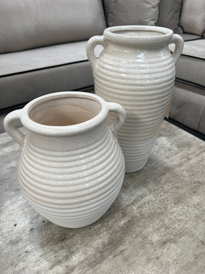 Orla Handmade Beige and White Ribbed Ceramic Vase