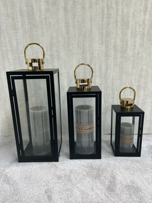 Set of 3 Black and Gold Steel Lanterns