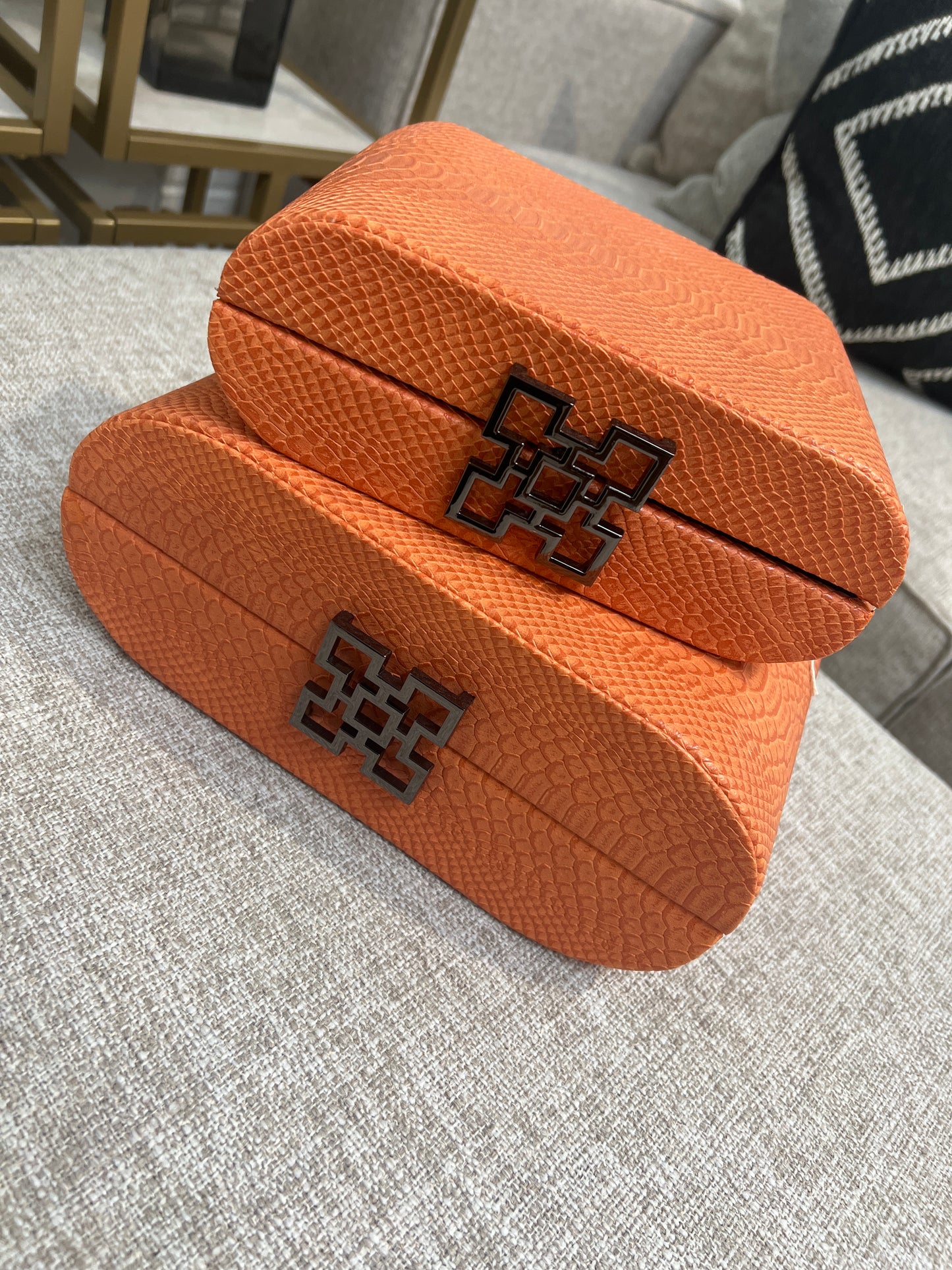 Set of 2 Orange Faux Leather Jewellery Boxes with Gunmetal Handle