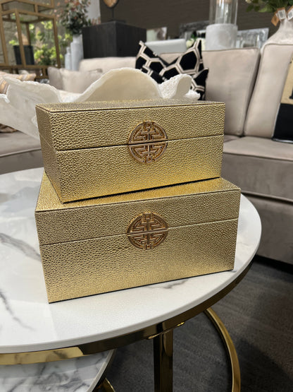 Gold Faux Litchi Leather Boxes, Set of 2