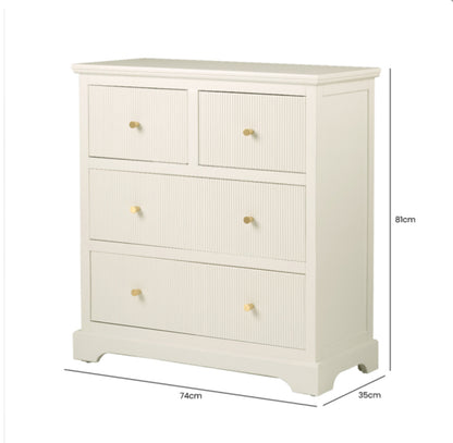 The Hampton 4 Draw Chest Cabinet in off white with Gold Handles.