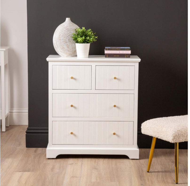 The Hampton 4 Draw Chest Cabinet in off white with Gold Handles.