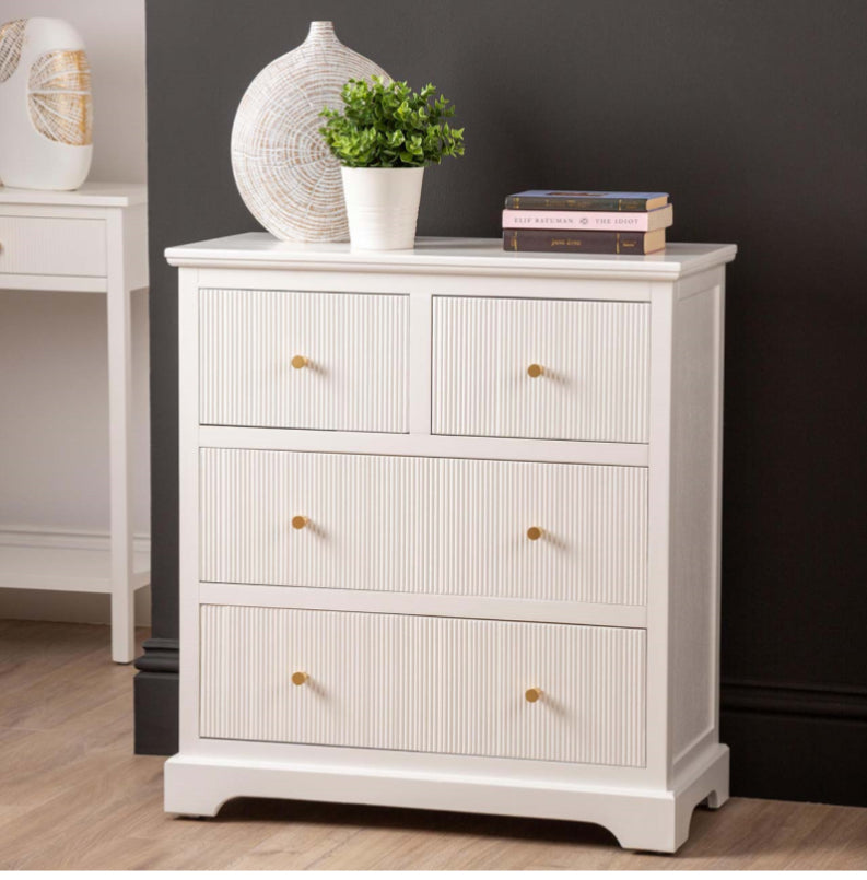 The Hampton 4 Draw Chest Cabinet in off white with Gold Handles.