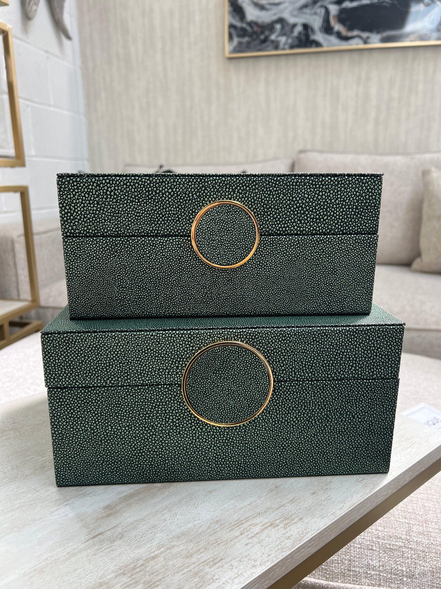 Green and Black Faux Litchi Leather Boxes, Set Of 2