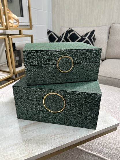 Green and Black Faux Litchi Leather Boxes, Set Of 2