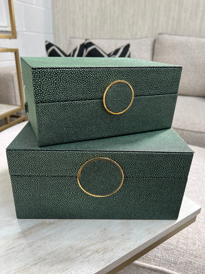 Green and Black Faux Litchi Leather Boxes, Set Of 2