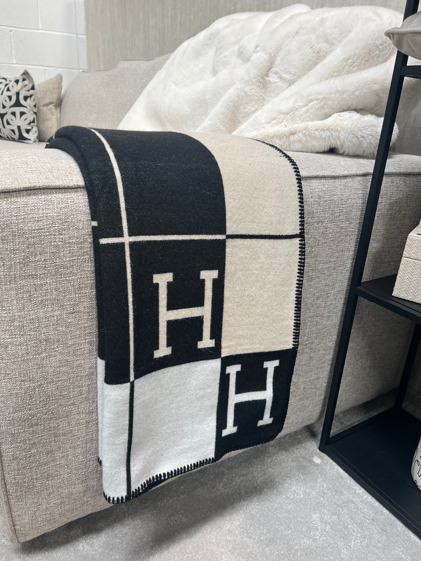 Luxury H Throw, Beige & Black Plaid
