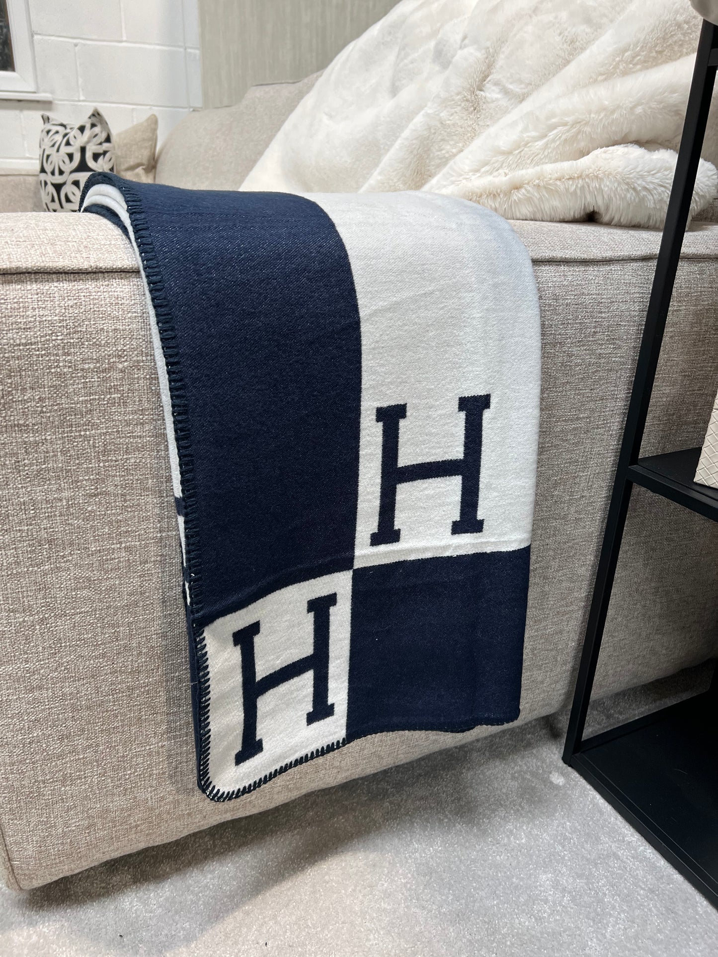 Luxury H Throw, Navy & White