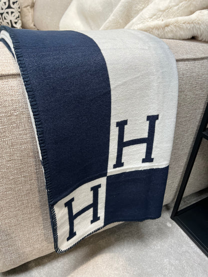 Luxury H Throw, Navy & White