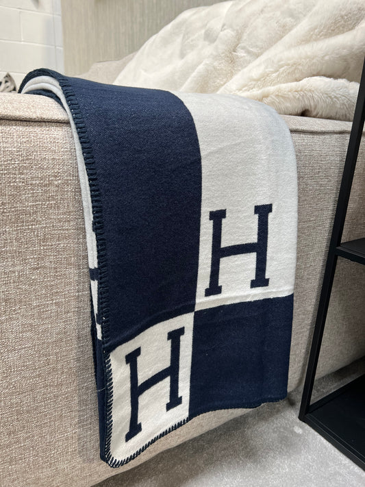 Luxury H Throw, Navy & White