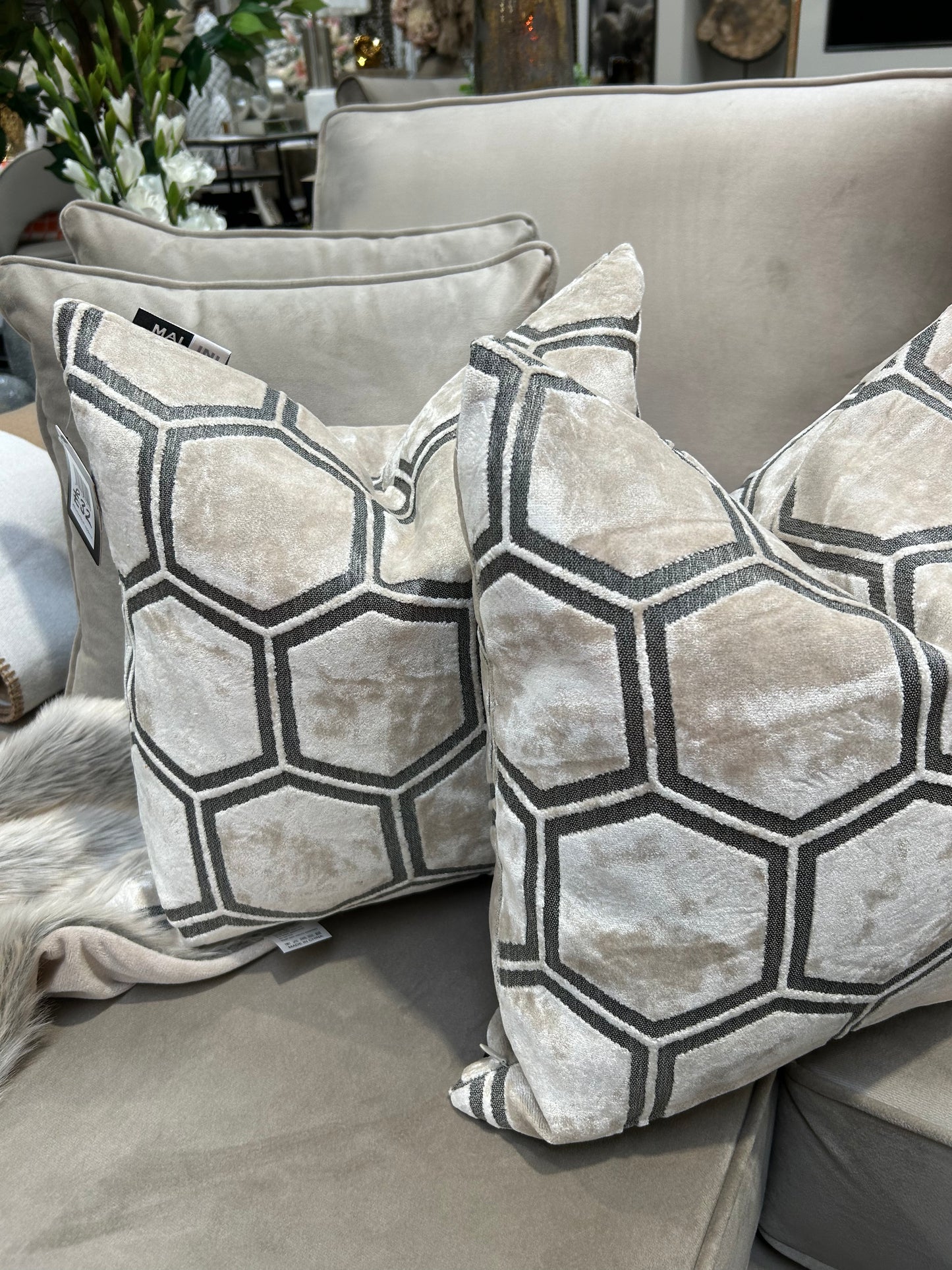 Cream Ivor Hexagon Velvet Cushion 16"