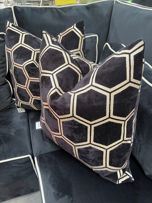 Black Large Hex Velvet Cushion 22"