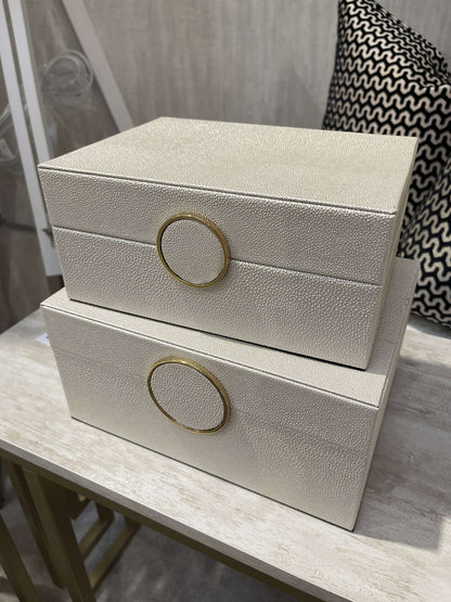 Cream Faux Litchi Leather Boxes, Set of 2