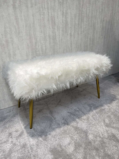 White Faux Fur Bench with Gold Legs