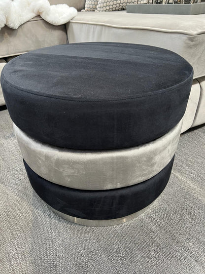 Black & Grey Round Ottoman with Chrome Base