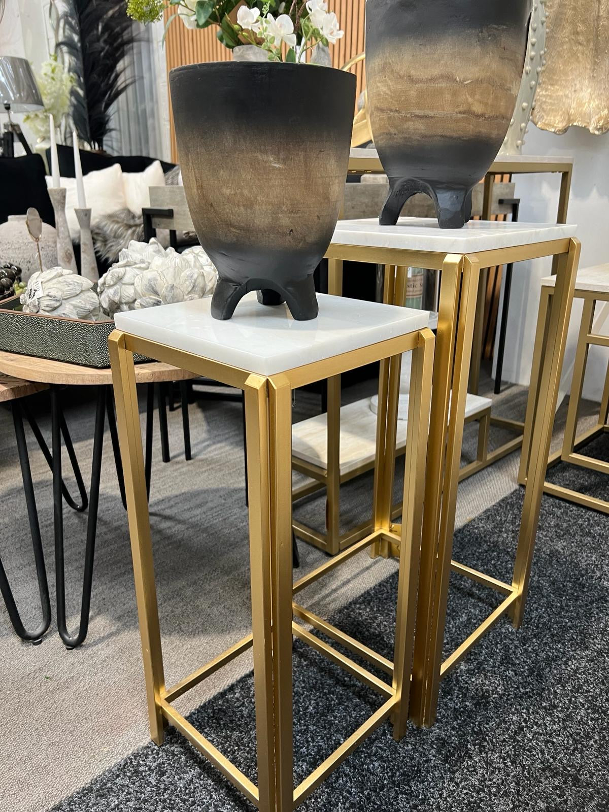 Gold Metal And White Marble Set of 2 End Tables