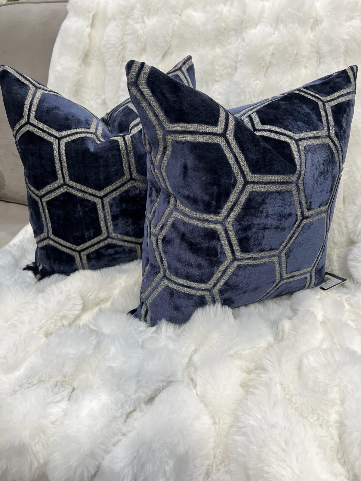 Navy Hex Velvet Cushion 16"